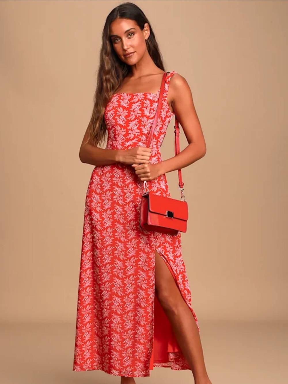 Lulu's Coral-Red Floral Square Neck Maxi Dress